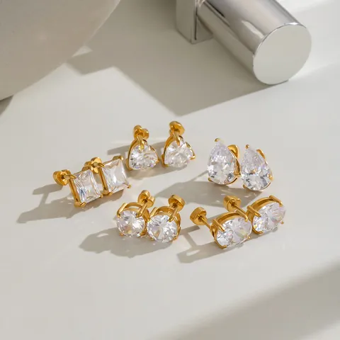 Stainless Steel 18K Gold Plated Zirconia Stud Earrings For Women Minimalist Geometric Heart Oval Round Pear Stud Earrings Jewelry