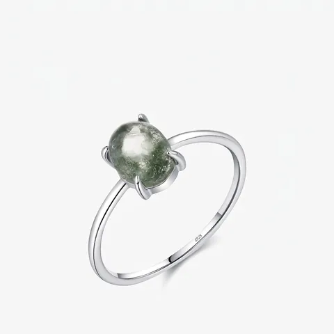 925 Sterling Silver Synthetic Moss Agate Ring For Women Minimalist Oval Gemstone Four Claw Inlaid Geometric Ring Jewelry