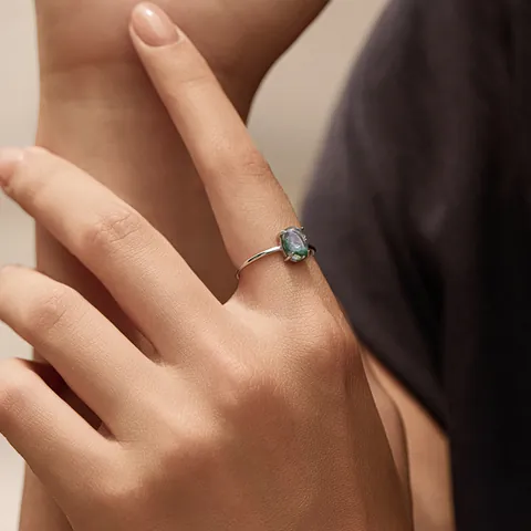 925 Sterling Silver Synthetic Moss Agate Ring For Women Minimalist Oval Gemstone Four Claw Inlaid Geometric Ring Jewelry