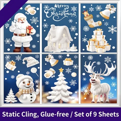 Christmas Window Clings PVC Static Film Double Sided Santa Snowman Reindeer Snowflake Glass Decal Home Holiday Decor
