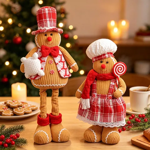 Christmas Gingerbread Man Retractable Plush Doll Ornament Home Window Decoration Soft Corduroy Festival