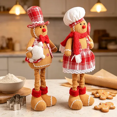 Christmas Gingerbread Man Retractable Plush Doll Ornament Home Window Decoration Soft Corduroy Festival