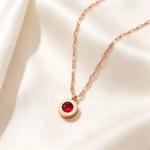 Women Titanium Steel Roman Numeral Round Pendant Necklace Rose Gold Rhinestone Fashion Jewelry Clavicle Chain