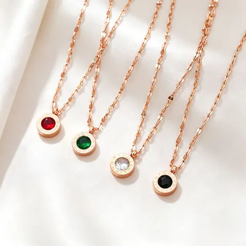 Women Titanium Steel Roman Numeral Round Pendant Necklace Rose Gold Rhinestone Fashion Jewelry Clavicle Chain