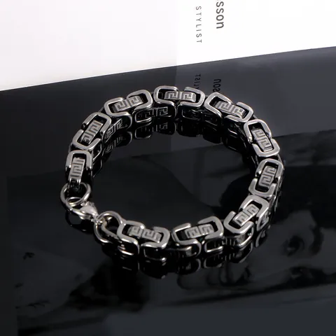 Retro Schwarz Edelstahl Herren Armband Griechischer Mäander Muster Punk Hip Hop Grobe Kette Mode Schmuck Handschmuck