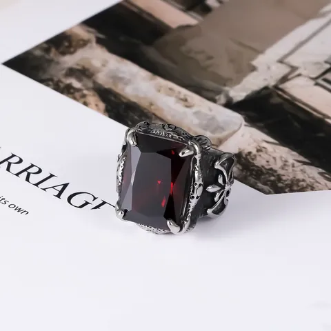 Gothic Stainless Steel Men Ring Vintage Punk Red Rhinestone Inlaid Cross Pattern Eagle Claw Ring Fashion Jewelry Gift