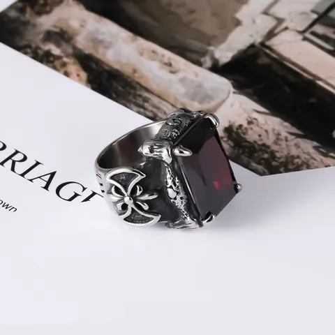 Gothic Stainless Steel Men Ring Vintage Punk Red Rhinestone Inlaid Cross Pattern Eagle Claw Ring Fashion Jewelry Gift