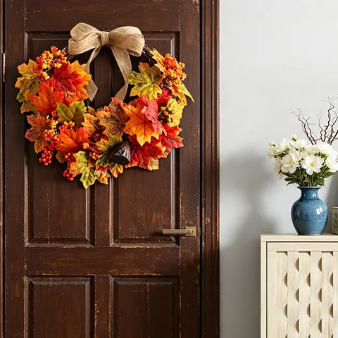 Couronne D'Automne De Thanksgiving Feuilles D'Érable Artificielles Base En Rotin Avec Nœud En Lin Décoration De Récolte
