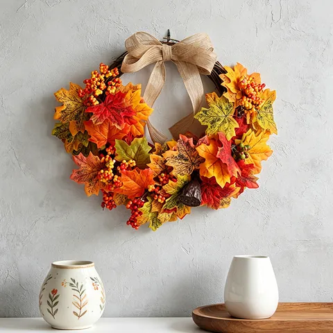 Couronne D'Automne De Thanksgiving Feuilles D'Érable Artificielles Base En Rotin Avec Nœud En Lin Décoration De Récolte