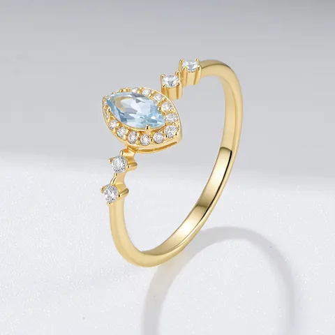 Bague en Argent Sterling 925 avec Topaze Bleu Ciel Marquise pour Femme Plaquée Or Zirconia Halo Géométrique Bijoux Luxe