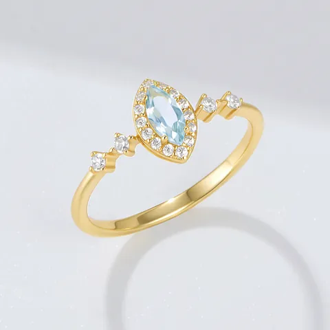 Bague en Argent Sterling 925 avec Topaze Bleu Ciel Marquise pour Femme Plaquée Or Zirconia Halo Géométrique Bijoux Luxe