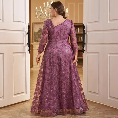 Abito da Sera Donna Taglie Forti Viola Scollo a V con Paillettes e Ricamo in Rete Elegante Manica Lunga Linea a A Maxi Vestito Festa