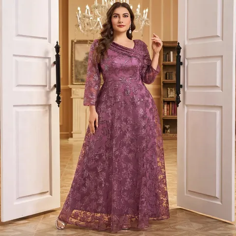 Damen Plus Size Lila V Ausschnitt Pailletten Netzstickerei Abendkleid Elegant Langarm A Linie Maxi Hochzeit Party Kleid