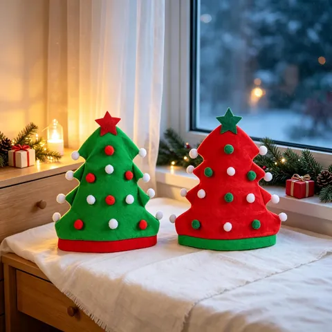 Kerstboom Vorm Feestmuts Vilt Feestelijke Decoratieve Muts Met Pluche Ballen Ster Top Nieuwigheid Vakantie Kostuum Accessoire