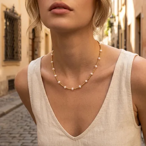 French Retro Freshwater Pearl Choker Necklace With 18K Gold Plated Brass Beads Layered Elegant Jewelry For Women