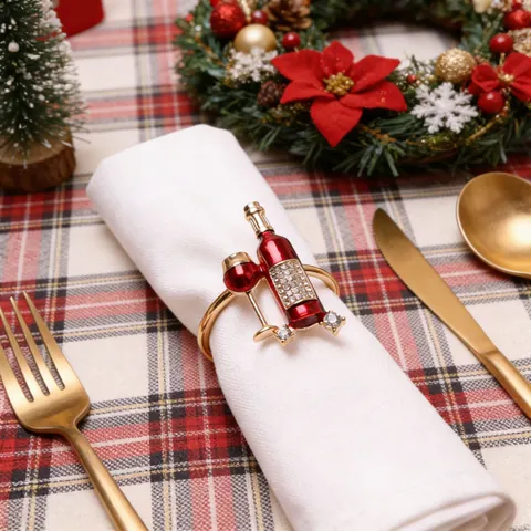 Servetring Wijnfles En Glas Legering Strass Rood Email Goud Tafel Decor Banket Bruiloft Feest Creatief