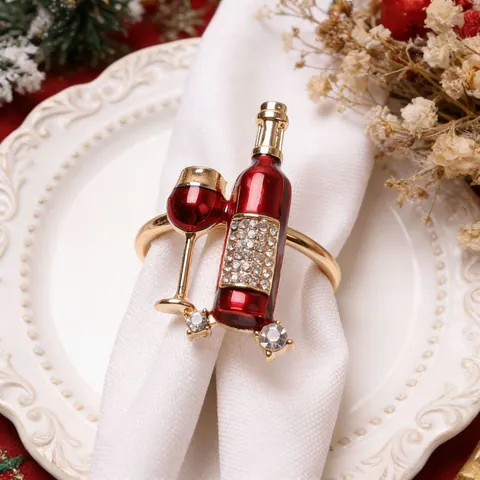 Servetring Wijnfles En Glas Legering Strass Rood Email Goud Tafel Decor Banket Bruiloft Feest Creatief