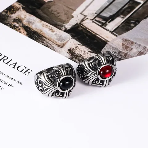 Vintage Gothic Titanium Steel Ring For Men Women Punk Oval Red Black Synthetic Stone Cross Relief Carved Band Ring Jewelry