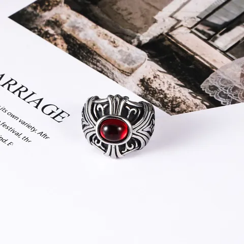 Vintage Gothic Titanium Steel Ring For Men Women Punk Oval Red Black Synthetic Stone Cross Relief Carved Band Ring Jewelry