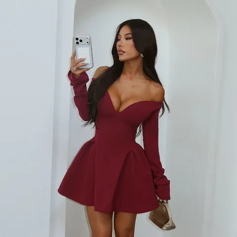 Elegantes Off Shoulder Langarm Minikleid Polyester Elasthan Herz Ausschnitt Ausgestellter Saum Mit Choker Eng Anliegend Sexy