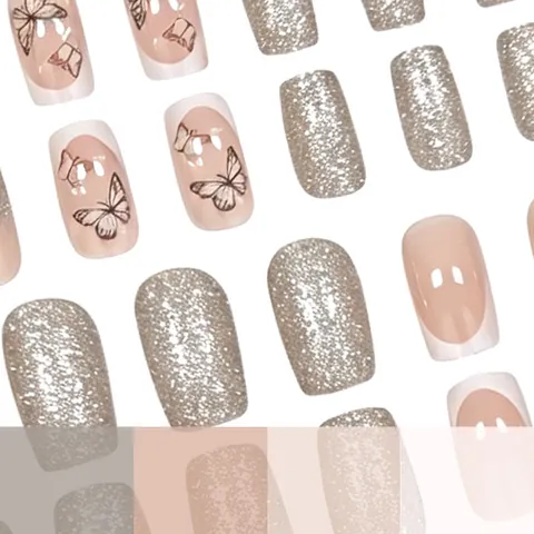 Unghie Finte French Tip ABS Lucide Glitter Rosa Motivo Farfalla Forma Quadrata Elegante Per Donne Manicure