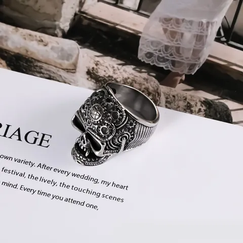 Anello Teschio in Acciaio Inossidabile Steampunk Ingranaggio Meccanico Biker Punk Gotico Scheletro Gioielli Retro Halloween