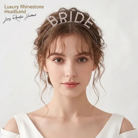 Cerchietto Minimalista in Lega Con Lettere in Strass BRIDE Per Matrimonio Addio Al Nubilato Oro Argento Accessori Capelli