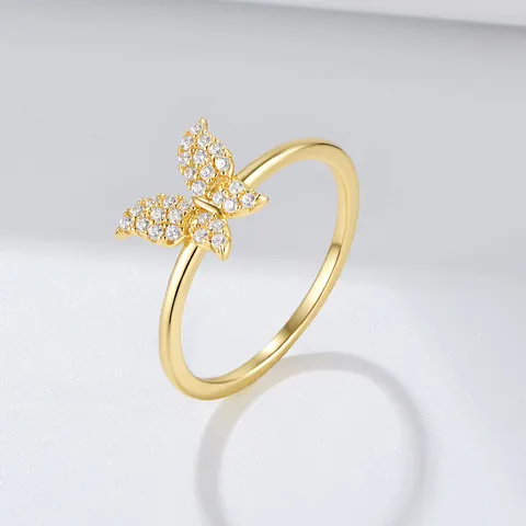 S925 Sterling Silver Butterfly Ring For Women Gold Plated Rhinestone Inlaid Minimalist Fashion Finger Ring Jewelry Gift