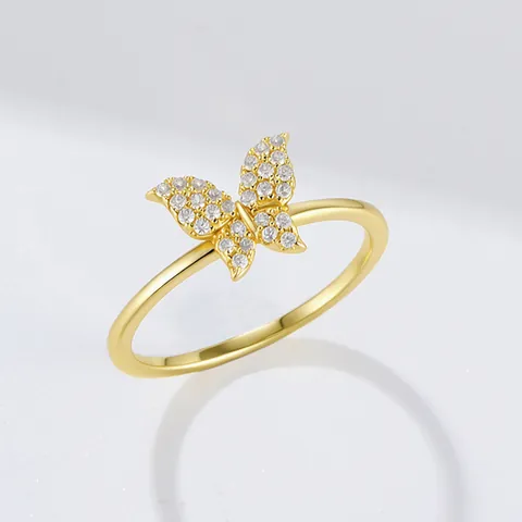 S925 Sterling Silver Butterfly Ring For Women Gold Plated Rhinestone Inlaid Minimalist Fashion Finger Ring Jewelry Gift