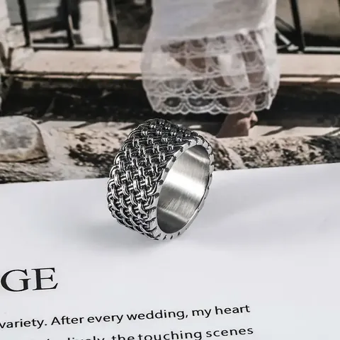 Retro Titanium Steel Woven Ring For Men Women Punk Industrial Style Wide Braided Band Finger Jewelry Gift Silver Color