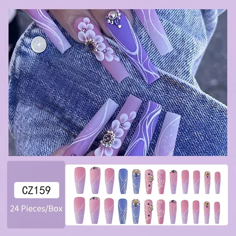 Uñas Postizas a Presión Púrpura Taro a Cuadros Largas Tipo Ataúd Con Diseño de Flores 3D y Strass Hechas a Mano para Mujer
