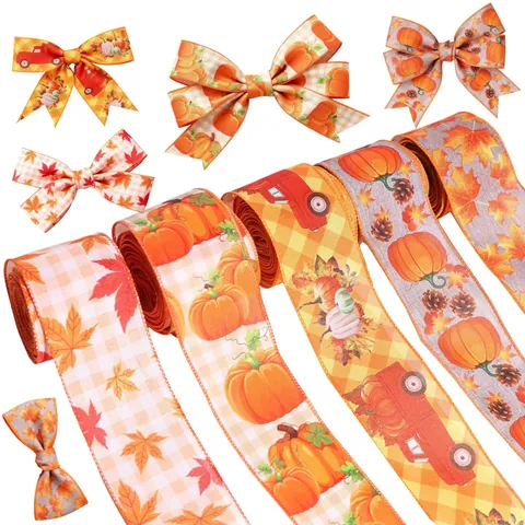 Cinta Decorativa de Acción de Gracias Cosecha de Otoño Calabaza Camión Hoja de Membrillo Cuadros Poliéster Borde con Alambre para Envolver Regalos Bricolaje