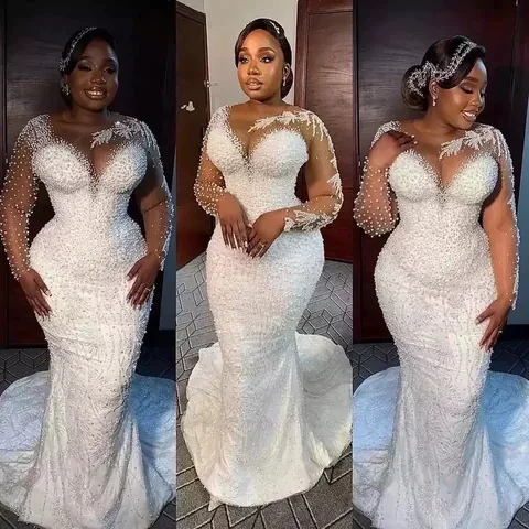 Luxuriöses Afrikanisches Meerjungfrau Brautkleid Für Damen Illusion Langarm Künstliche Perle Bestickt Spitze Brautkleid Abnehmbare Schleppe