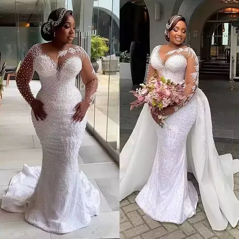 Luxuriöses Afrikanisches Meerjungfrau Brautkleid Für Damen Illusion Langarm Künstliche Perle Bestickt Spitze Brautkleid Abnehmbare Schleppe