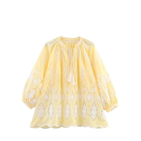 Women French Style V-Neck Eyelet Embroidery Blouse Linen Loose Long Lantern Sleeve Tie Top With Tassel Yellow