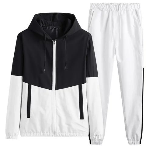 Heren Casual Sportset Kleurblok Winddicht Polyester Top En Bottom Set Reflecterend Trainingspak Voor Lente Herfst