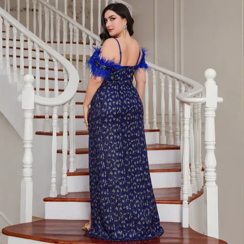 Damen Große Größen Pailletten Feder V-Ausschnitt Maxi Abendkleid Königsblau Hoher Schlitz Bankett Abschlussball Partykleid Elegantes Formelles Kleid