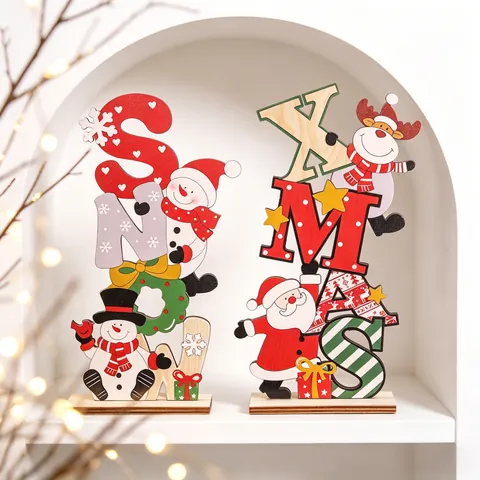 Kerst Bureau Decoratie Hout Beschilderd SNOW XMAS Letters Kerstman Sneeuwpop Rendier Tafelblad Decoratie Feestelijk