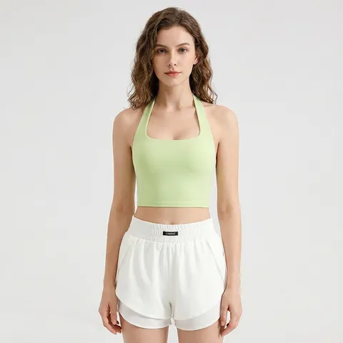 Damen Neckholder Geraffter Sport-BH Gepolstert Yoga Tank Top Nahtlose Workout Fitness Crop Top Sexy Rückenfrei Sportshirt