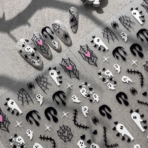 Adesivi per Unghie 3D a Rilievo Halloween Fantasma Ragno Pipistrello Stile Gotico Decalcomanie Autoadesive per Nail Art Donna