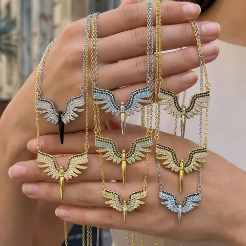 Collier Pendentif Ailes Micro Incrusté Zircon Coloré Cuivre Bijoux Tendance Pour Femmes Style INS Mode