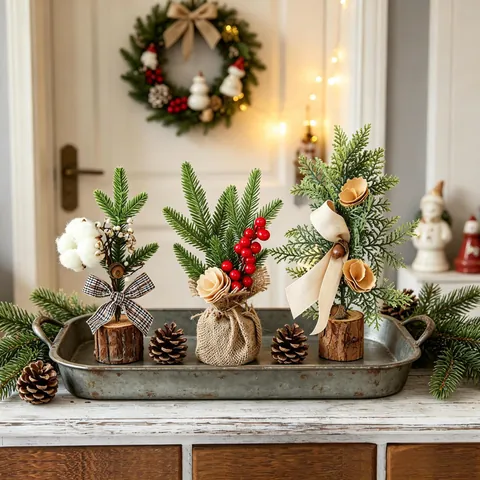 Mini Kerstboom Tafeldecoratie Met Houten Jute Basis Kunstmatige Bessen Katoen En Strik Van Stof Voor Feestdagen Thuis