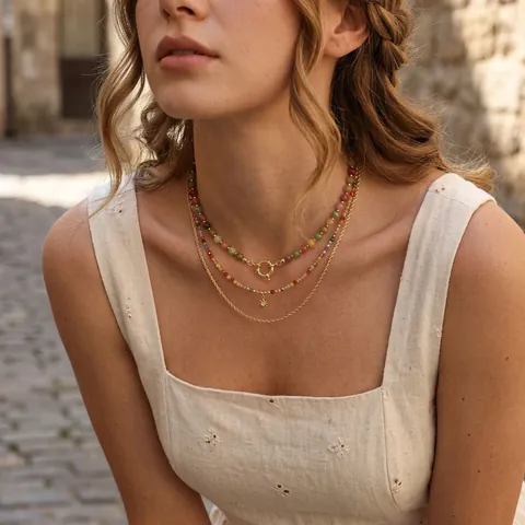 Bohemian Ethno Naturstein Perlen Halskette Für Damen Kupfer Sonne Stern Anhänger Strass Charm Mehrfarbiger Schmuck Halskette