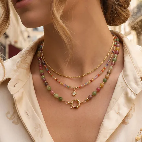 Bohemian Ethno Naturstein Perlen Halskette Für Damen Kupfer Sonne Stern Anhänger Strass Charm Mehrfarbiger Schmuck Halskette