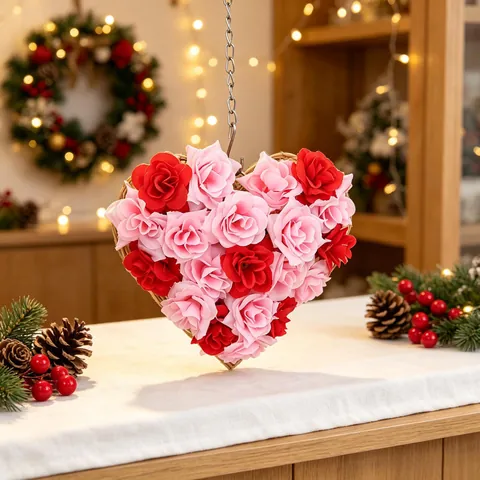 Décoration Suspendue Couronne De Roses Artificielles En Forme De Coeur Pour La Saint Valentin Mariage Mur Maison Rouge Rose