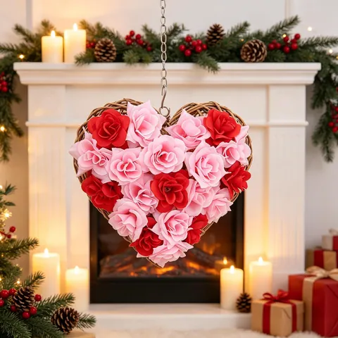 Décoration Suspendue Couronne De Roses Artificielles En Forme De Coeur Pour La Saint Valentin Mariage Mur Maison Rouge Rose