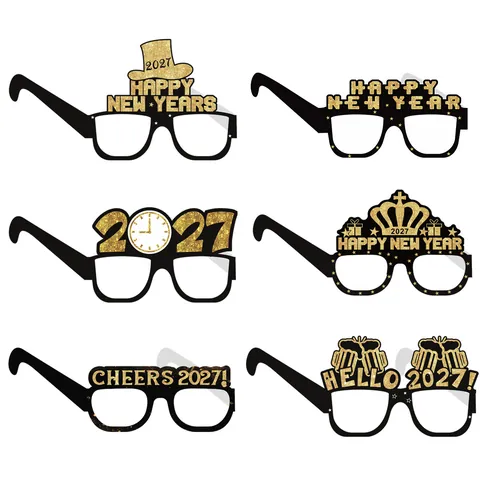Frohes Neues Jahr 2026 Party Brille Neuheit Papier Glitzer Foto Requisiten Feier Dekorative Rahmen Schwarz Gold