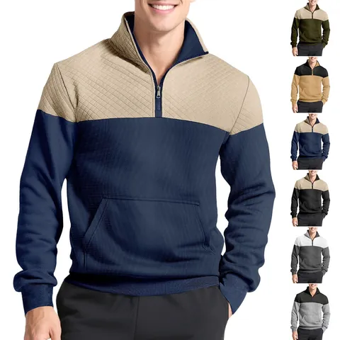 Sweatshirt Homme Quart De Fermeture À Glissière Col Montant Blocs De Couleurs Texture Diamant Matelassée Pull Décontracté
