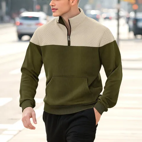 Sweatshirt Homme Quart De Fermeture À Glissière Col Montant Blocs De Couleurs Texture Diamant Matelassée Pull Décontracté