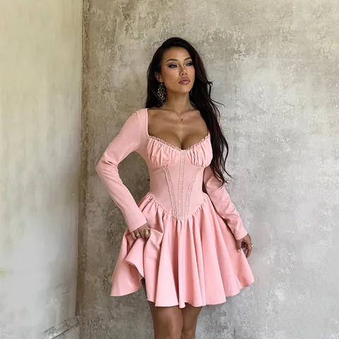 Mini Kleid Langarm Korsett Spitze Herz Ausschnitt Falten Saum Sexy Y2K Schick Elegant Einfarbig Polyester Elasthan